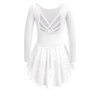 Arshiner Child Ballet Dress - White Cotton Two-Piece Long Sleeved Leotard Girls Outfit With Skirt Tutu - Backless Ballerina Suit for Children's Dance 7-8 Years