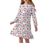 Arshiner Children Nightdress Long Sleeve Girls Night Dress Butterfly A-Line Sleep Dress Ruffle Hem Pajamas Round Neck Autumn Sleepwear 9-10 Years