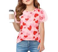Arshiner Children T-Shirt Red Heart Shape Tunic Puff Sleeve Blouse Leisure Summer Tshirt Girls School Shirts Round Neck Tops Girls' Clothing 13-14 Years