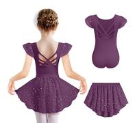 Arshiner Children's Ballet Clothing Dark Purple Ballet Dress Solid Color Ballet Leotard Girls Ballet Leotard Short Sleeve Ballet Suit Glitter Dance Dresses Dance Leotard with Tutu 8-9 Years