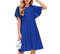 Arshiner Children's Dresses Summer Girls Short Sleeve Dress Casual Cotton A-Line Swing Knee-Length Dress Back to School Party Dresses Blue Spring Clothing with Pocket 110 Age 5-6