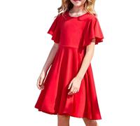 Arshiner Children's Summer Dress Girls Short Sleeve Festive Dresses A-Line Skater Casual Dress Princess Red Children's Dresses with Pocket 120 Age 6-7