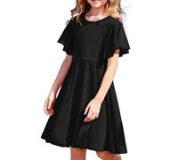 Arshiner Dress Girls Short Sleeve Summer Dresses Cotton Children's A-Line Party Swing Dresses Back to School Casual Dress Black Children Clothing with Pocket 130 Age 8-9