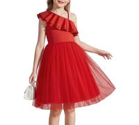 Arshiner Dresses for Girls Summerdress One-Shoulder Dress with Ruffled Asymmetrical Neck Partydress Children's Spaghetti Strap Tulledress Red 140/9-10 Years