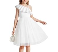 Arshiner Dresses for Girls Summerdress One-Shoulder Dress with Ruffled Asymmetrical Neck Partydress Children's Spaghetti Strap Tulledress White 140/9-10 Years