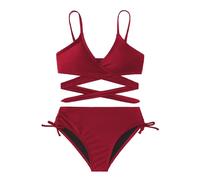 Arshiner Girl Solid Bikini Set Tween Girl 2 Piece Swimsuit Swimwear with Drawstring Kid Swimming Costume Bathing Suit Wine Red 140