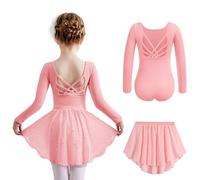 Arshiner Girls Ballet Dress Kids Cotton Long Sleeved Dance Leotard Outfit | Backless Ballerina Set,Children Ballet 2-Piece Costume,Shiny Dance Body with Chiffon Rock,Gymnastics Body Suit,2-10 Years
