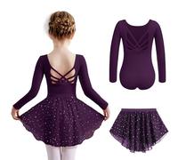 Arshiner Girls Ballet Dress Kids Cotton Long Sleeved Dance Leotard Outfit | Backless Ballerina Set,Children Ballet 2-Piece Costume,Shiny Dance Body with Chiffon Rock,Gymnastics Body Suit,2-10 Years