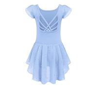 Arshiner Girls' Blue Ballet Dress with Irregular Skirt, Size 9-10 Years, Backless, Double-layer Flying Sleeves, High-Low Hemline, Sequin Decoration, Perfect for 2-10 Years Girls