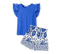 Arshiner Girls Clothing Sets Short Sleeve Set Blue Top with Ruffle Shorts Two Piece Kids Clothes Set Cotton Outfit Casual Children Clothes Set with Pocket 11-12 Years