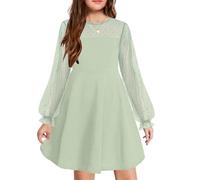 Arshiner Girls Contrast Mesh Puff Long Sleeve A Line Dress with Pocket | Girl's Contrast Mesh Puff Long Sleeve High Waist A Line Short Dress with Pockets for 6-13 Years