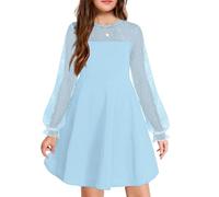 Arshiner Girls Contrast Mesh Puff Long Sleeve A Line Dress with Pocket | Girl's Contrast Mesh Puff Long Sleeve High Waist A Line Short Dress with Pockets for 6-13 Years