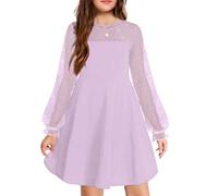Arshiner Girls Contrast Mesh Puff Long Sleeve A Line Dress with Pocket | Girl's Contrast Mesh Puff Long Sleeve High Waist A Line Short Dress with Pockets for 6-13 Years