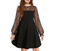 Arshiner Girls Contrast Mesh Puff Long Sleeve A Line Dress with Pocket | Girl's Contrast Mesh Puff Long Sleeve High Waist A Line Short Dress with Pockets for 6-13 Years