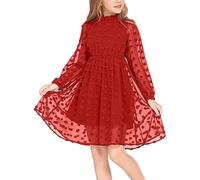 Arshiner Girls Dress 5-13 Years Children Party Dress Elegant Festive Casual Dress Princess Long Sleeve Dress A-Line Dress Dark Red 130