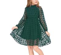 Arshiner Girls Dress 5-13 Years Children Party Dress Elegant Festive Casual Dress Princess Long Sleeve Dress A-Line Dress Dark Green 150