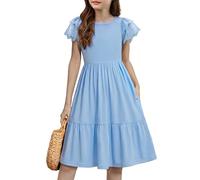 Arshiner Girls Dress Kids Lace Short Sleeve Summer Party Festive Dresses | A-Line,Round Neck,Casual Midi,Solid Color,Evening ,Anniversary,Birthday,Wedding,Dress with Pocket,6-14 Years