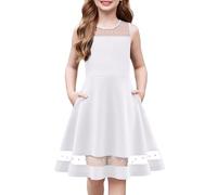 Arshiner Girls Dress Mesh Summer Dress Sleeveless White Formal Dress Communion Dress Easter Dress Children's Wedding Dress with Pockets 9-10 Years