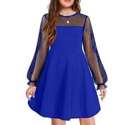 Arshiner Girls Dress Puff Long Sleeve Children's Mesh A-line Elegant Party Wedding Dresses Indigo 130 8-9 Years