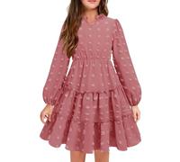 Arshiner Girls Dress V-Neck Long-Sleeved Dress Swiss Dot Chiffon Dress Children's Princess Tiered Dress Beautiful Birthday Dress Puff Sleeves School Enrollment Dress Pink 11-12 Years