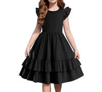 Arshiner Girls Dresses Double Layer Ruffled Sleeves Kids Summer Cotton Festival A Line Swing Dress Casual Round Neck Dresses for Girls 7-8 Years Black