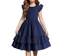 Arshiner Girls Dresses Double Layer Ruffled Sleeves Kids Summer Cotton Festival A Line Swing Dress Casual Round Neck Dresses for Girls 9-10 Years Navy Blue