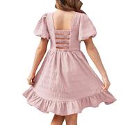 Arshiner Girls Dresses Puff Short Sleeve Ruffled Hem Dress Birthday Theme Party Princess Dress Casual A-Line Dress for Kids 5-6 Years Pink