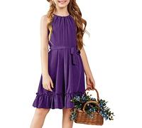 Arshiner Girls Dresses Purple Summer Dress Basic A Line Dress Halterneck Solid Color Dresses Elegant Dress Children Festive Dress Casual School Dress with Belt Girls Clothing 6-7 Years