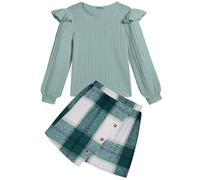 Arshiner Girl's Elegant Long-Sleeved Shirt with Skirt Set Children's Autumn Winter Clothing Sets Checkered Casual Fashion Two-Piece Outfits for Girls 11-12 Years