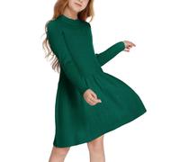 Arshiner Girls' Green Solid Color A-line Skater Dress, Size 13-14 Years, Long Sleeve, Crew Neck, Loose Waist, Flared Hemline, Casual, Autumn-Winter