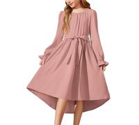 Arshiner Girls Lantern Sleeves Chiffon Dress for Children - Casual Wedding Princess School Enrollment Autumn Birthday Party With Pocket - 11-12 Years Pink