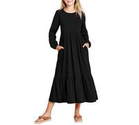 Arshiner Girls Long Sleeve Dress Black Ruffle Hem A-Line Party Dresses Kids Casual Solid Color Swing Dress Round Neck Party Dresses Halloween Girls Clothes with Pocket 6-7 Years