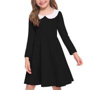 Arshiner Girls Long Sleeve Dress with Doll Collar Kids Cotton Partydress | A-Line,Peter-Pan Neck,Plain,Casual Mid-Dress,Halloween,Christmas,School Dress