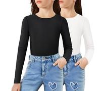 Arshiner Girls Long Sleeve Ribbed Top Crew Neck Fitted T-Shirt Black White