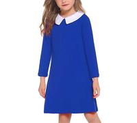 Arshiner Girls Long Sleeved Formal Dress - Peter Pan Collar, A-Line, Cotton, Blue, 12-13 Years