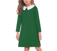 Arshiner Girls Long Sleeved Peter Pan Collar Cotton Dress for School Enrollment, Christmas, Casual Occasions - Green, 4-5 Years