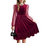 Arshiner Girls Long Sleeved Velvet Dress with Pocket - Red Round Neck A Line Formal Dress with Ruffles - Fall Winter Children's Party Dress for Kids 11-12 Years