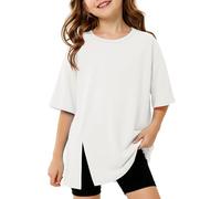 Arshiner Girls Longline Oversized T-Shirt Top Soft Breathable Stretch Crew Neck Loose Fit Half Sleeve Side Split Casual Everyday Top White, 10-11 Years