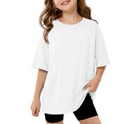 Arshiner Girls Longline Oversized T-Shirt Top Soft Breathable Stretch Crew Neck Loose Fit Half Sleeve Side Split Casual Everyday Top White, 9-10 Years