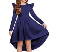 Arshiner Girls Navy Blue Dress Long-Sleeved Autumndress Festival Children's Winterdress Schooldress Halloween Party Funeral Dreses Ruffled Middress Kids High-Low Skaterdress 150/11-12 Years