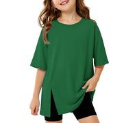 Arshiner Girls Oversized T-Shirt Short Sleeve Slit Hem Green 10-11 Years