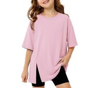Arshiner Girls Oversized Tunic T-Shirt Soft Breathable Stretch Fabric Crew Neck Half Sleeve Side Split Longline Casual Top Pink Ages 9-10