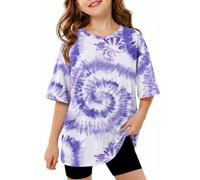 Arshiner Girls Oversized Tunic T-Shirt Soft Breathable Stretch Fabric Crew Neck Half Sleeve Side Split Longline Casual Top Purple Ages 10-11