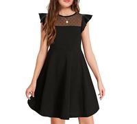 Arshiner Girls Summer Dress Flutter Short Sleeve Mesh Skater Dress Kids Party Dressss with 2 Side Pockets Plain Casual A-line Dresses 12-13T Black 160