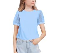 Arshiner Girls T-Shirts Chiffon Sleeves Kids Summer Cotton Round Neck Short Sleeve Tops Casual Basic Tee Shirt for Girls 11-12 Years Light Blue