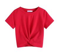 Arshiner Girls T-Shirts Twist Front Kids Summer Printed Round Neck Short Sleeve Tops Casual Fashion Tee Shirt for Girls 5-6 Years Red