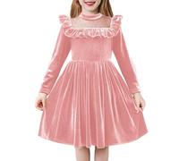 Arshiner Girls Velvet Dress - Long Sleeve Toddler Autumn Winter Festive Christmas Party Princess Birthday Dress - Pink 90