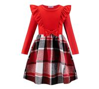 Arshiner Knitted Dress Girls Checked Dress Autumn Long-Sleeved Dress Checked Christmas Dress Red Festive Dress Ruffles Round Neck Winter Dress 1-2 Years
