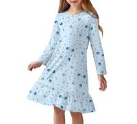 Arshiner Nightgowns for Girls Blue Star Ruffle Sleep Dress Kids Round Neck Nightdress Long Sleeve Autumn Nightdress for Girls Sleepwear 9-10 Years