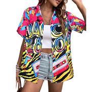 Arssm 80s 90s Shirts for Women Retro Vintage Party Disco Outfits Neon Hawaiian Button Down Blouses Tees Tops, Yellow, L